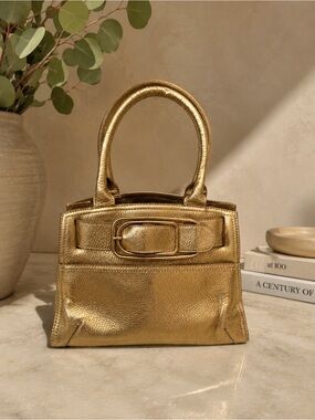 Small Gold Metallic Furla Leather Handbag Top Handle